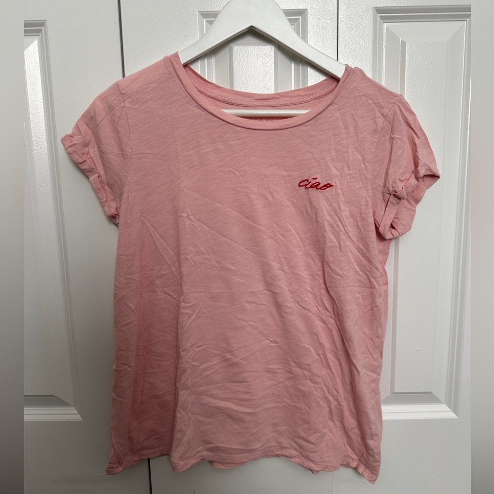 LOFT Pink Scoop Neck Lightweight Tee with Red ‘Ciao’ Embroidery